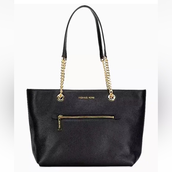 New Michael Kors Jet Set Medium Front Zip Chain Tote Pebble Leather Black - Picture 1 of 3